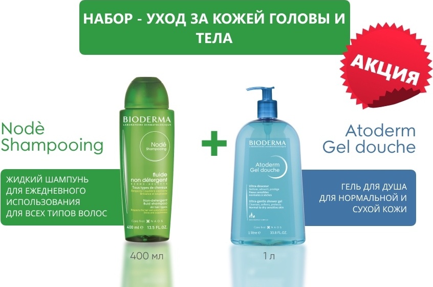 Bioderma Node, Atoderm набор по уходу за волосами и телом унисекс