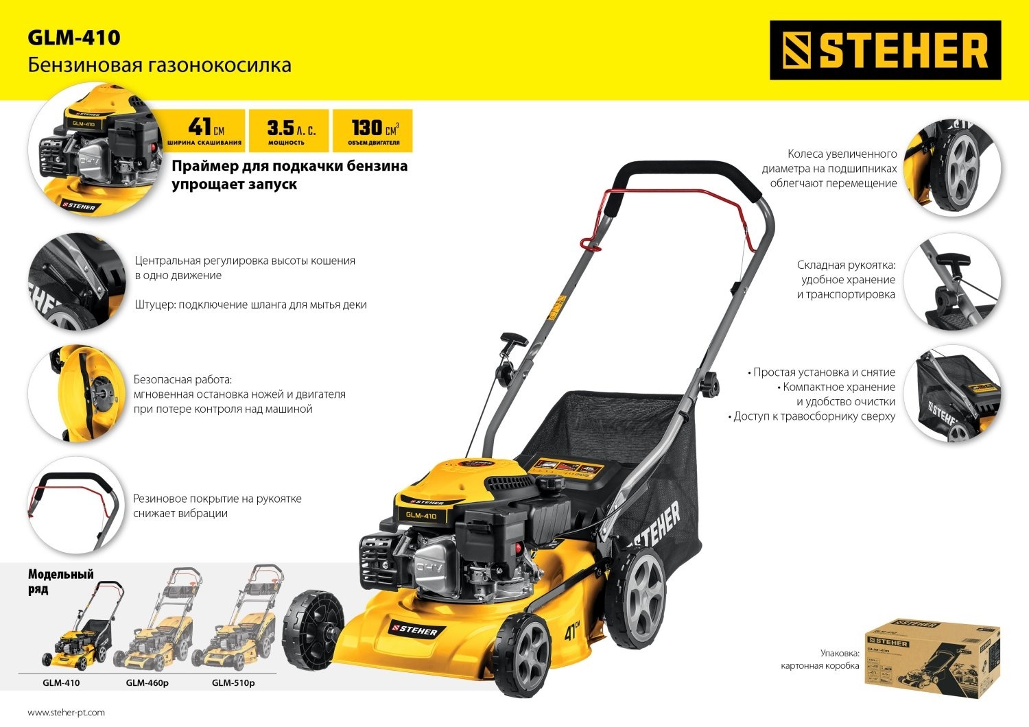 Газонокосилка колесная бензиновая Steher GLM-410
