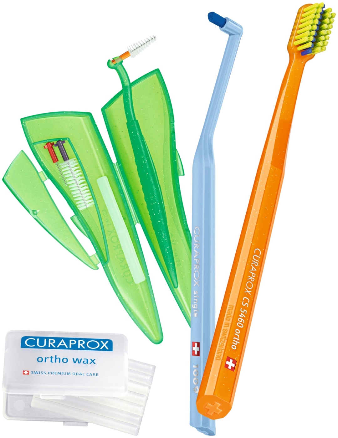 CURAPROX Набор орто щеток и воск "Ortho Kit in bag" ортодонтический в косметичке набор по уходу за полостью рта средняя 5 шт