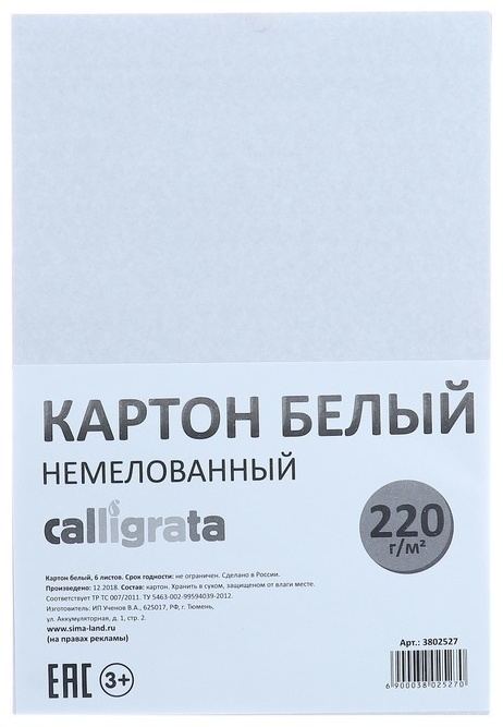 Картон белый односторонний Calligrata 3802527, А4, 6 л