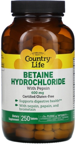 Country Life Betaine Hydrochloride with pepsin 600 мг 250 таблеток