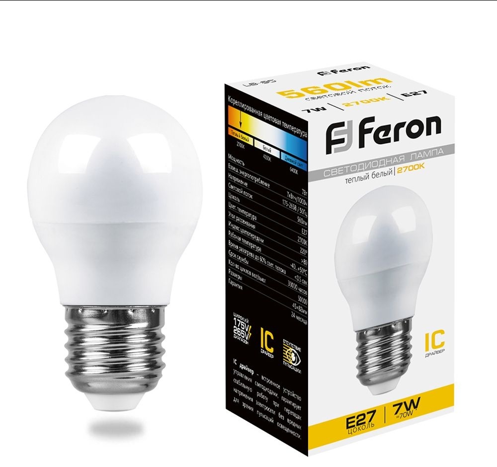 Feron 7W E27, светодиодная, теплый белый