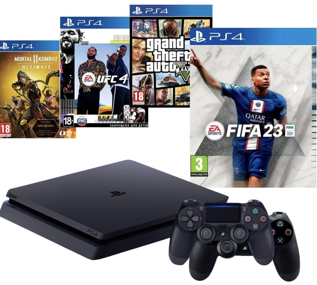 Игровая приставка Sony PlayStation 4 Slim 500GB + геймпад + UFC4 + GTA5 +  FIFA23 + MORTAL (игры в цифровой версии)