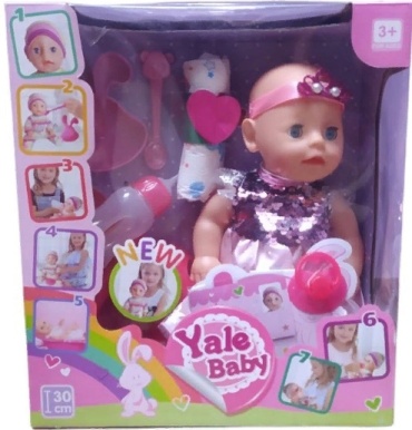 Пупс Yale Baby Baby Interactive 000405, 30 см пьет-писает, аксессуары в комплекте, руки и ноги подвижные, звуковые эффекты