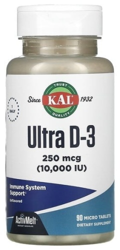 KAL Ultra D-3, витамин D3, с нейтральным вкусом, 250 мкг (10 000 МЕ) таблетки 90 шт
