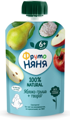Детское пюре ФрутоНяня Яблоко и груша + творог 90 г, с 6 месяцев