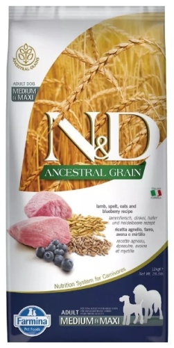 Farmina N&D Ancestral Grain c ягненком, черникой, спельтой и овсом для взрослых средних и крупных пород собак 12 кг