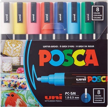 Маркер POSCA PC-5M-8, 8 шт, 1.8 мм, белый, желтый, розовый, красный, синий, голубой, зеленый, черный.