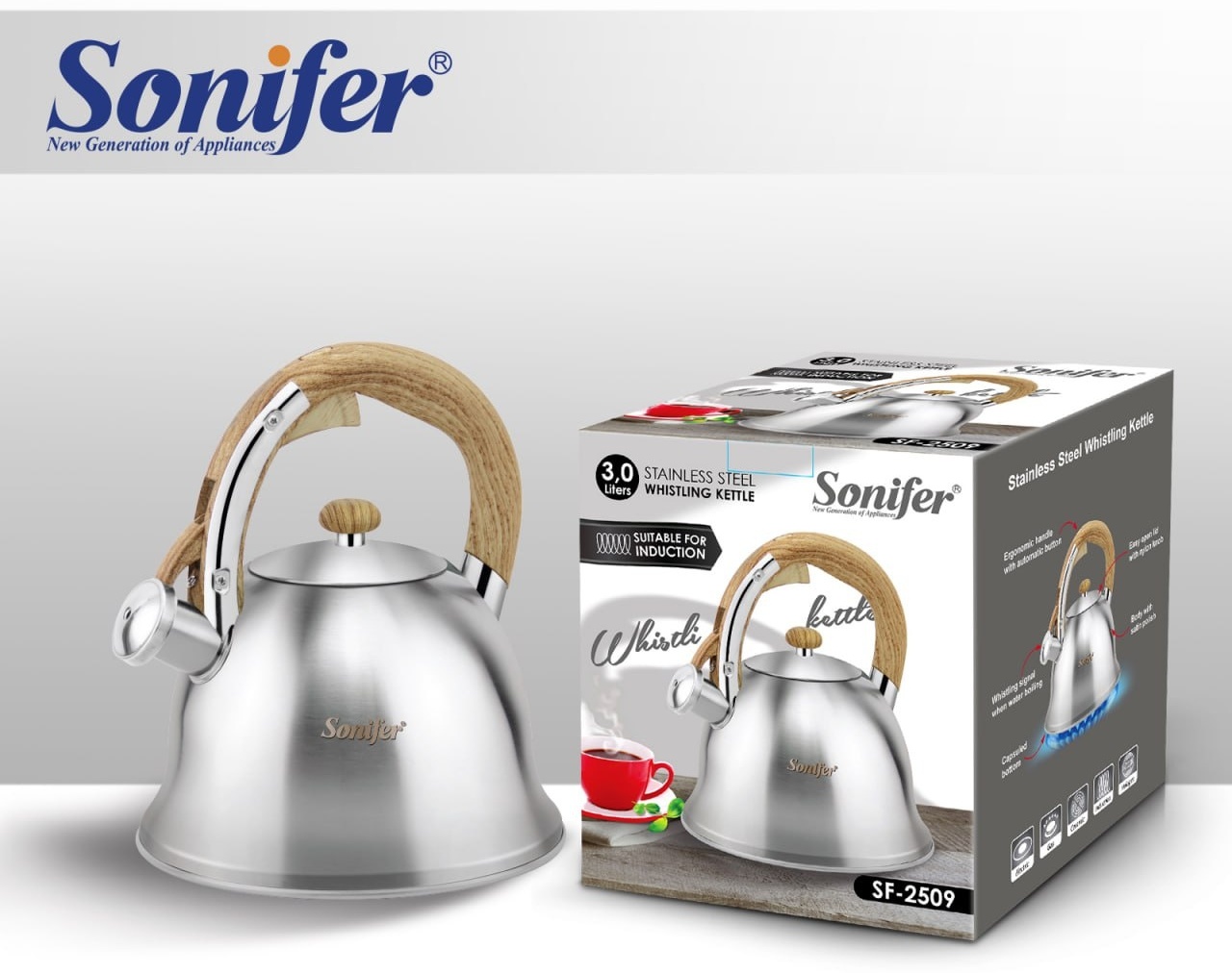 Sonifer чайник SF-2509 3 л, алюминий, дерево