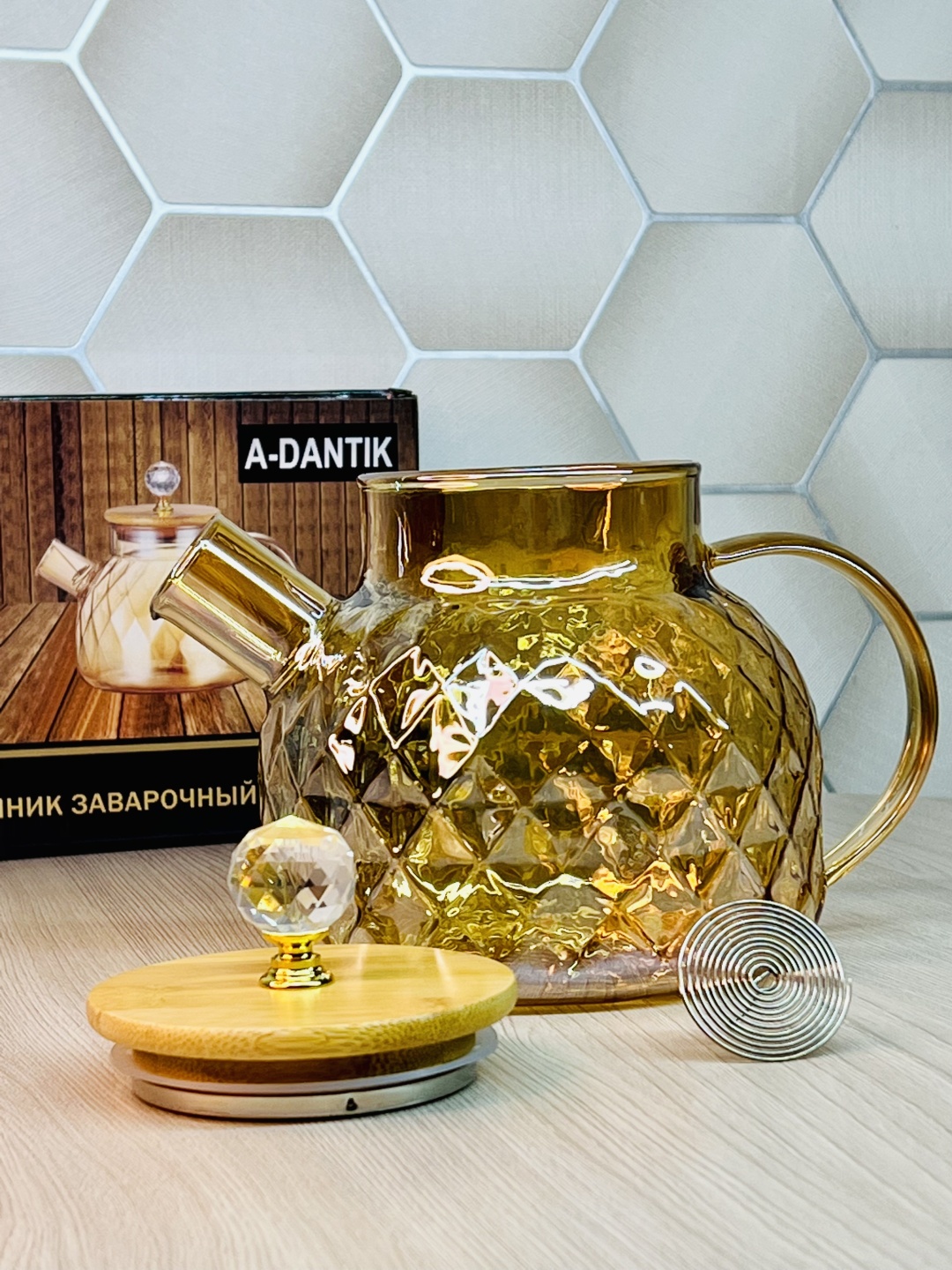 Чайник A-DANTIK RZK RZK-1 1 л, стекло, бамбук, ABS-пластик, закаленное стекло