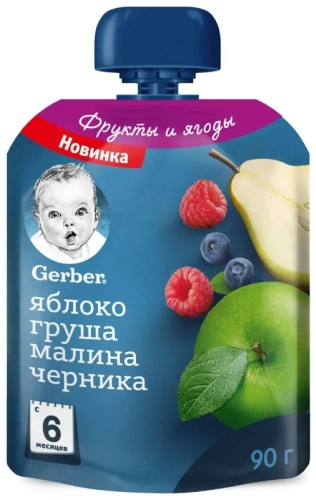 Детское пюре Gerber яблоко, груша, малина, черника 80 г, с 6 месяцев