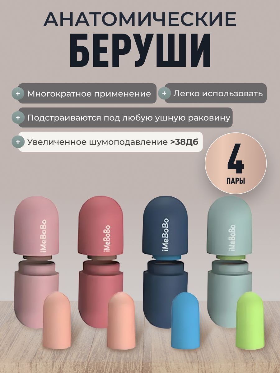 Комплект Беруш для сна противошумных многоразовых, 4 пары