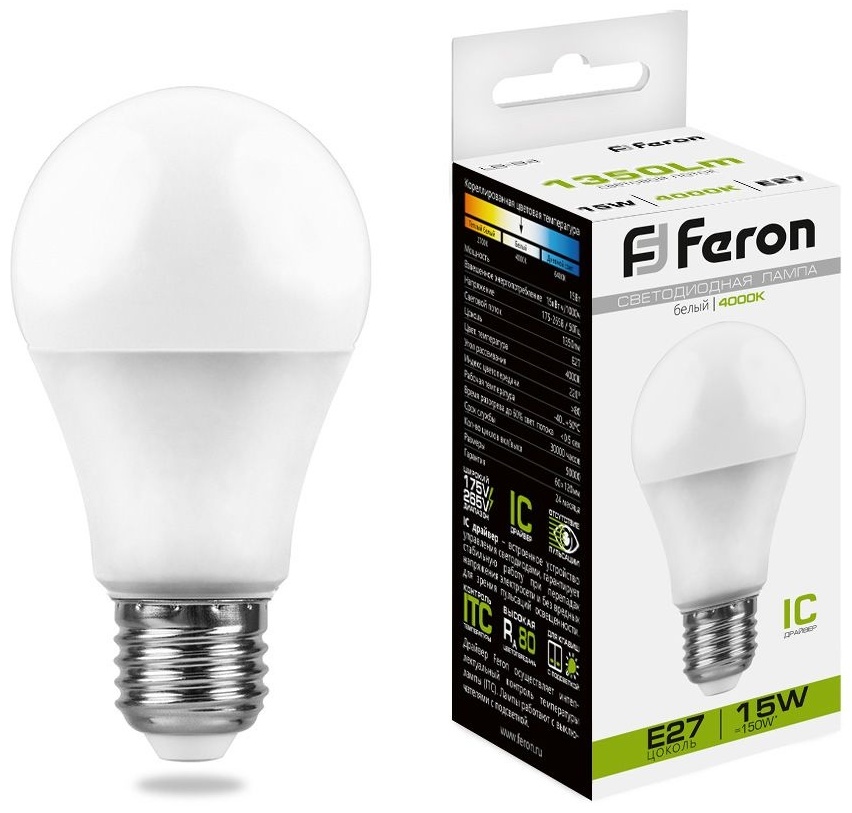 Feron 15W E27, светодиодная, естественный белый
