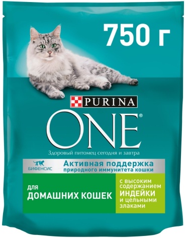 Purina One для домашних кошек индейка, рис 0.75 кг