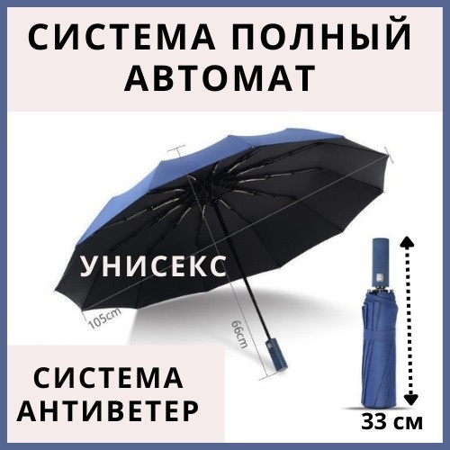 Складной зонт UMBRELLA автомат синий, черный глянец