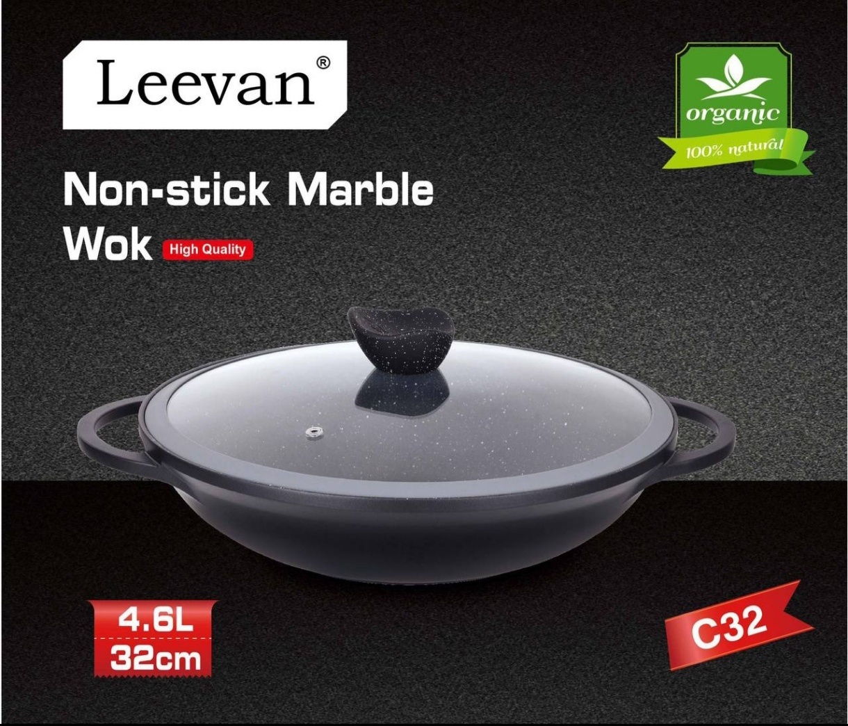 Вок Leevan C32 32 см с антипригарным покрытием, алюминий