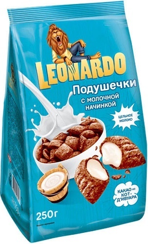 Leonardo готовый завтрак подушечки с молочной начинкой 250 г