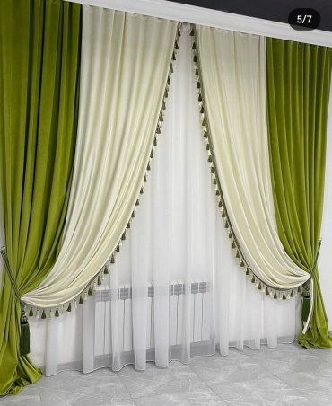 Комплект Aika home textile 600x300 см 3 шт, велюр, зеленый, бежевый