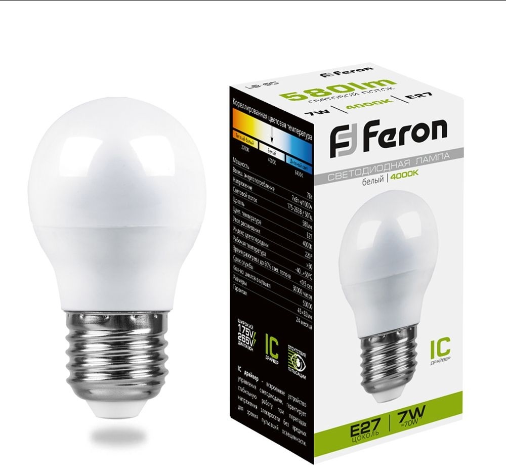 Feron 7W E27, светодиодная, естественный белый