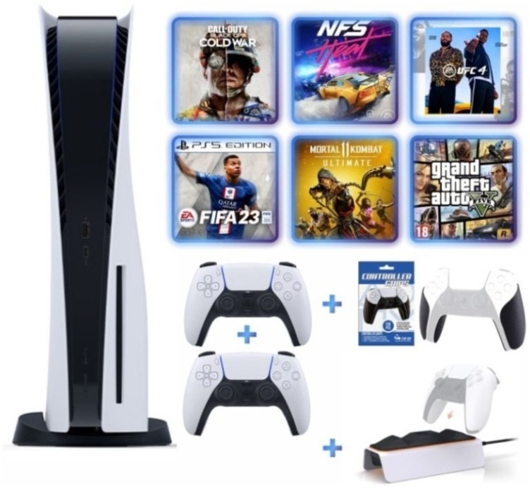 Игровая приставка Sony Playstation 5 + геймпад + зарядная станция + грипсы + FIFA23 PS4 + UFC4 + Mortal Kombat 11 ultimate + GTA5 + Call of duty Cold War + Need for speed Heat