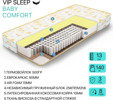 Матрас VIP SLEEP BABY COMFORT, 60x120x13 см, чехол вискоза