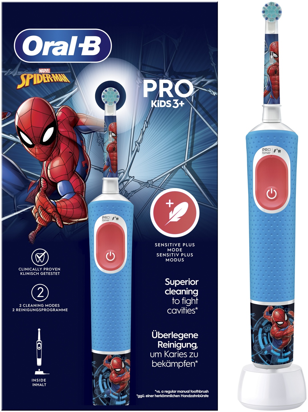 Электрическая зубная щётка детская Oral-B Vitality Pro Kids Человек-паук + Насадка Sensitive Clean