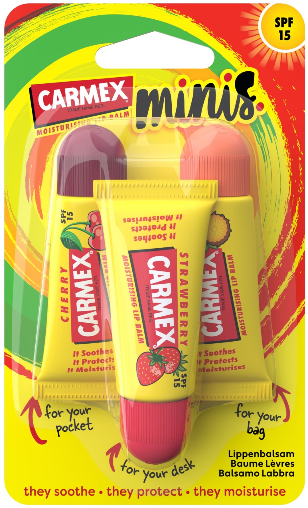 Carmex бальзам Minis Cherry, Strawberry, Pineapple SPF15 3 шт по 5 г, фото 2