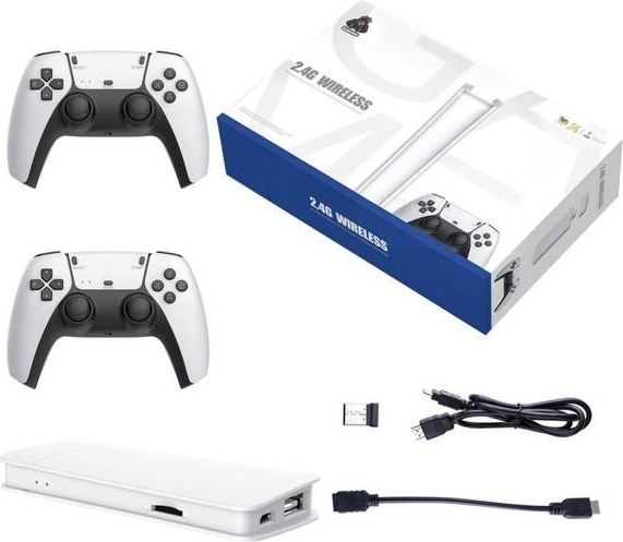 Игровая приставка M15 батарейки типа ААА 4 шт, игровая приставка, карта памяти microSD на 64Gb, беспроводной геймпад 2 шт