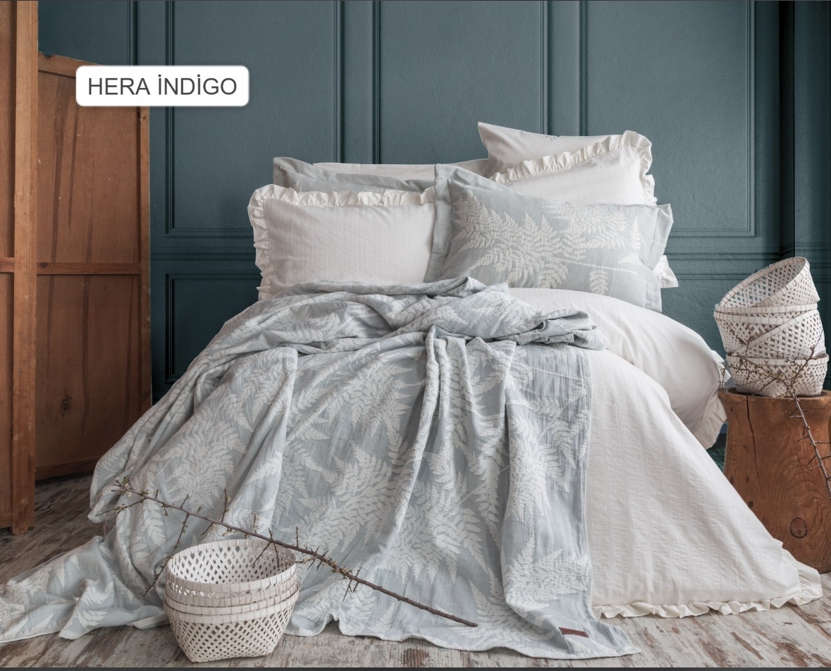 Покрывало с наволочками Collection Hera indigo 250х260 см, хлопок, сатин, жаккард, бирюзовый