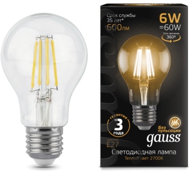 Gauss 6W E27, светодиодная, теплый белый