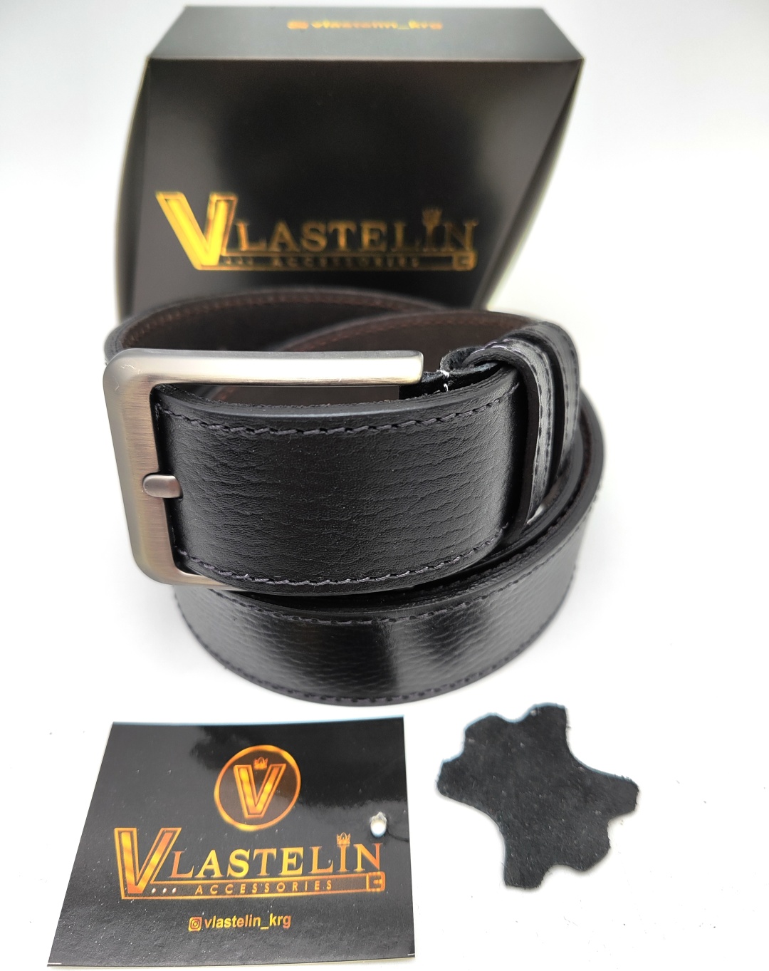 Ремень Vlastelin металл, натуральная кожа 125 см черный