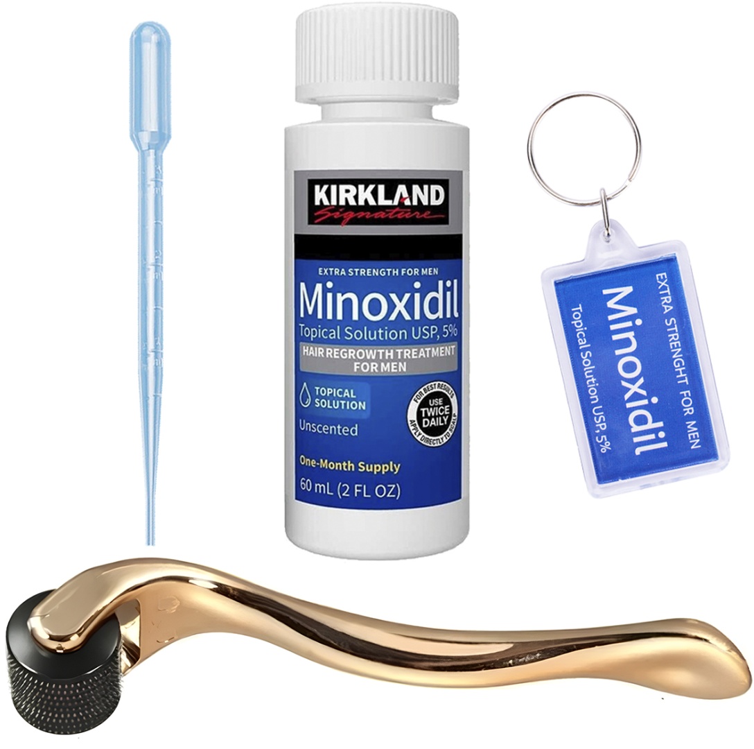 Kirkland Minoxidil 5 % мезороллер золотистый, мини пипетка, брелок лосьон 60 мл
