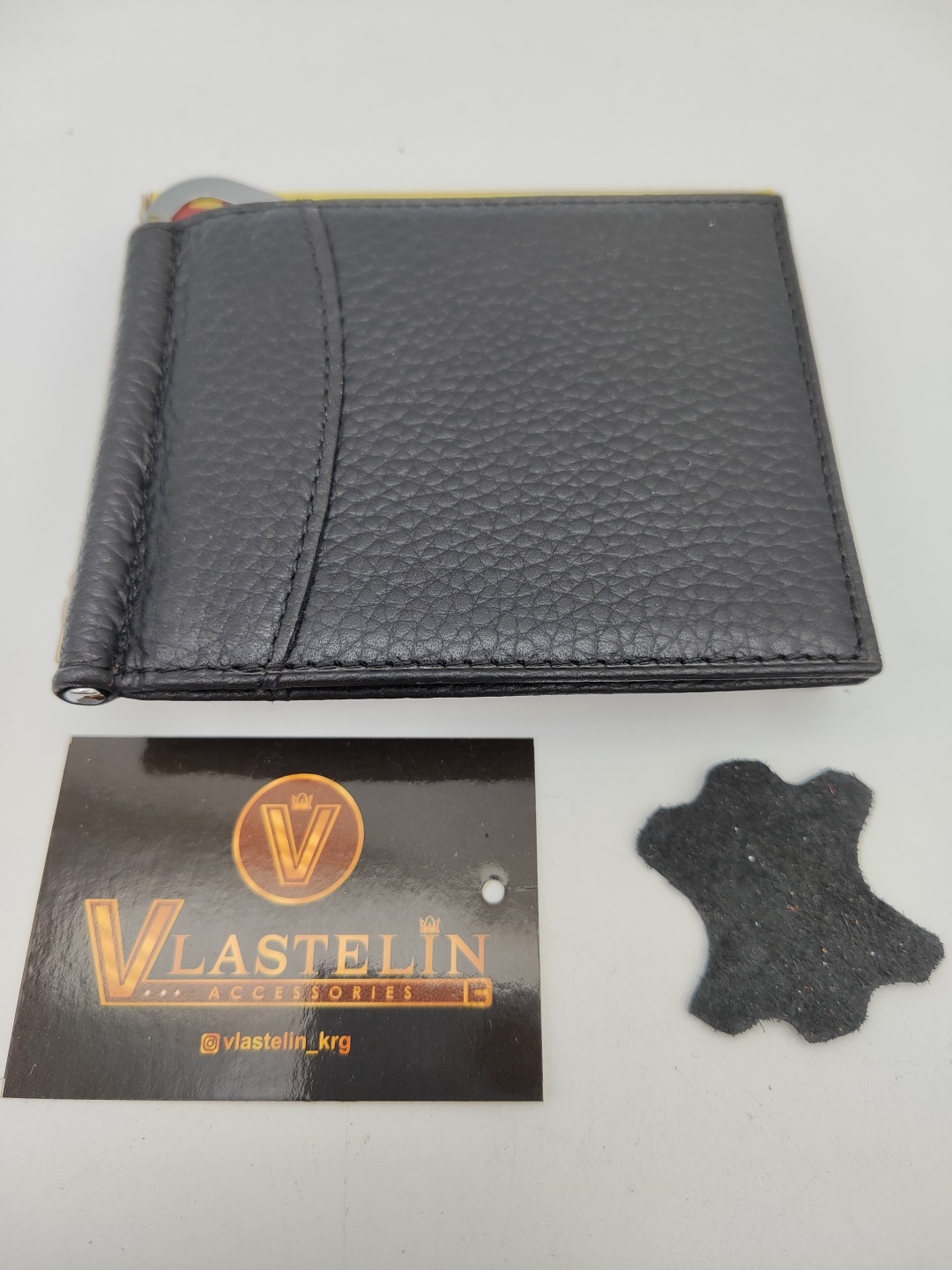 Зажим для купюр Vlastelin металл, натуральная кожа черный