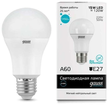 Gauss 15W E27, светодиодная, холодный белый