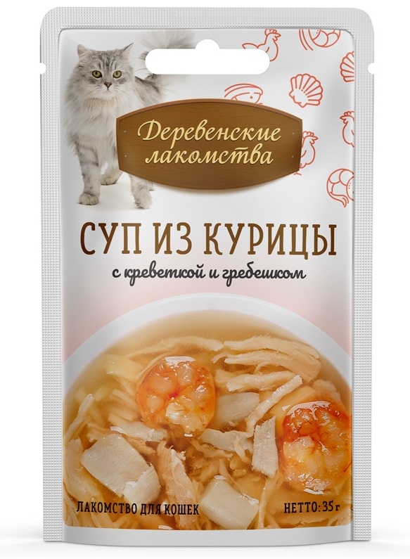 Купить Деревенские лакомства кусочки в желе курица, креветки 40 г 1 шт ...