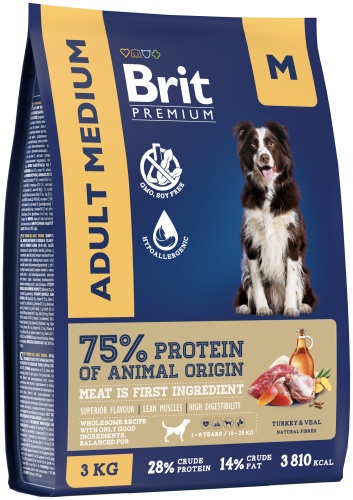 Brit Premium Dog Adult Medium с индейкой и телятиной для взрослых собак средних пород 3 кг