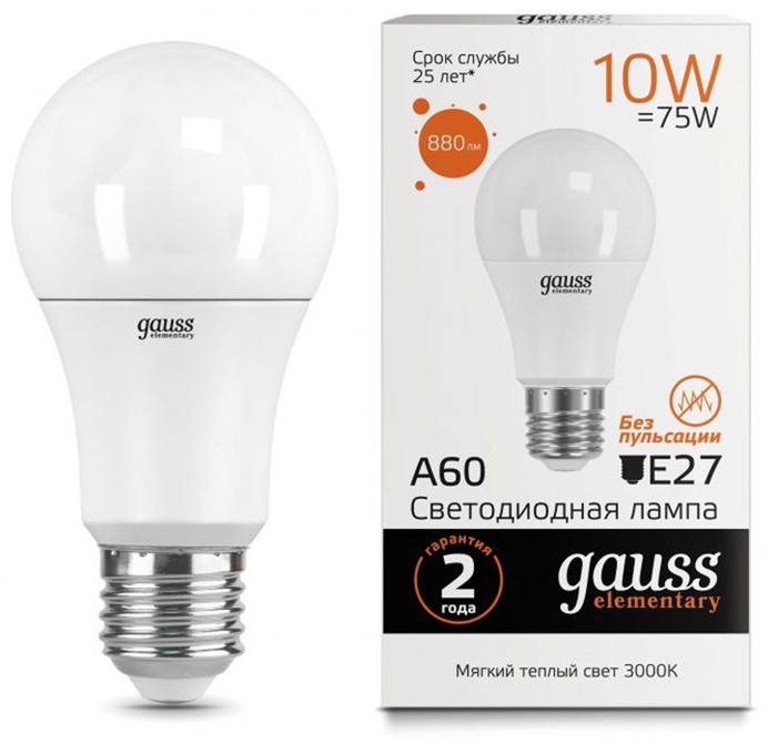 Gauss 10W E27, светодиодная, теплый белый