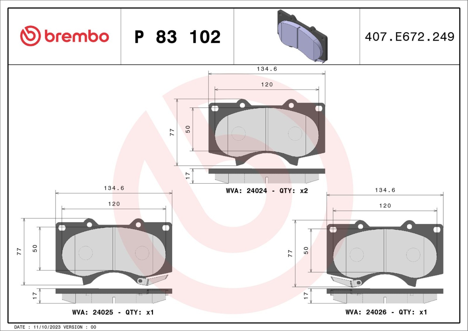 BREMBO Комплект Тормозных Колодок, Дисковый Тормоз P83102