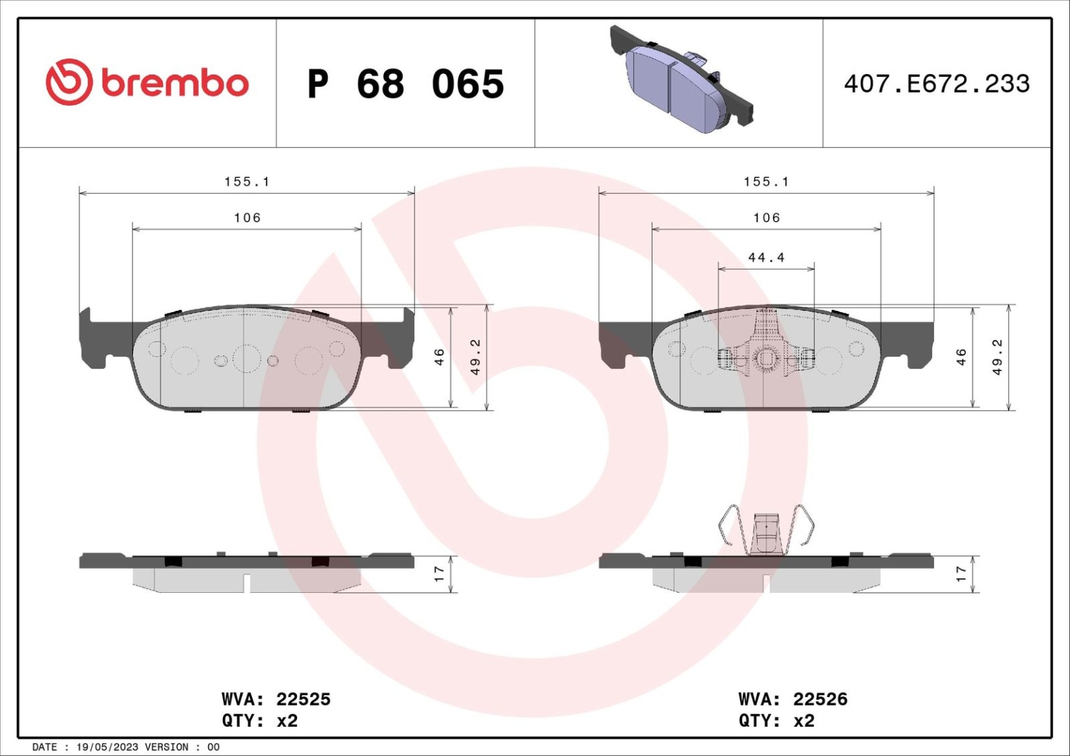 BREMBO Комплект Тормозных Колодок, Дисковый Тормоз P68065
