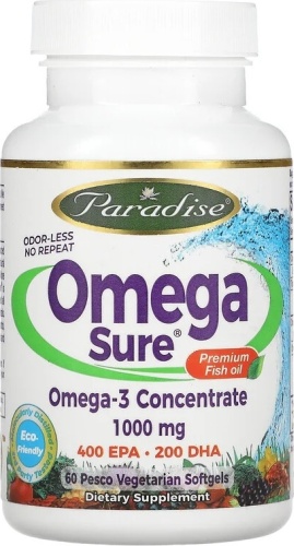 Paradise Herbs БАД Omega Sure Omega-3 Concentrate 1,000 mg 60 капсул
