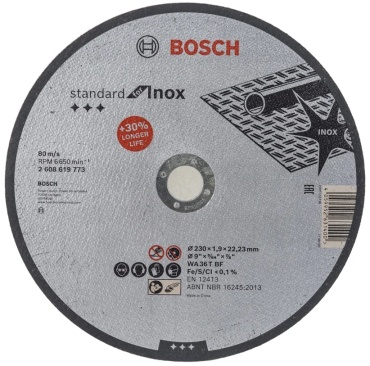 Диск отрезной по металлу 230x22.2х1.9 мм, Bosch Диск отрезной по нержавейке Standard for Inox 230х1.9 мм BOSCH * 2608619773