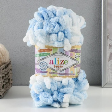 Моток Alize Пряжа "Puffy color" 100 % микрополиэстер 9м/100г (5865 бело-голубой) 3839825,3839825 белый 9 м 100 г