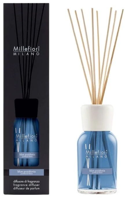 Диффузор с палочками Millefiori Milano Верхние ноты: юзу, гиацинт, посидония. Средние ноты: жасмин, морской бриз, роза. Нижние ноты: кедр, пачули, мускус. 250 мл