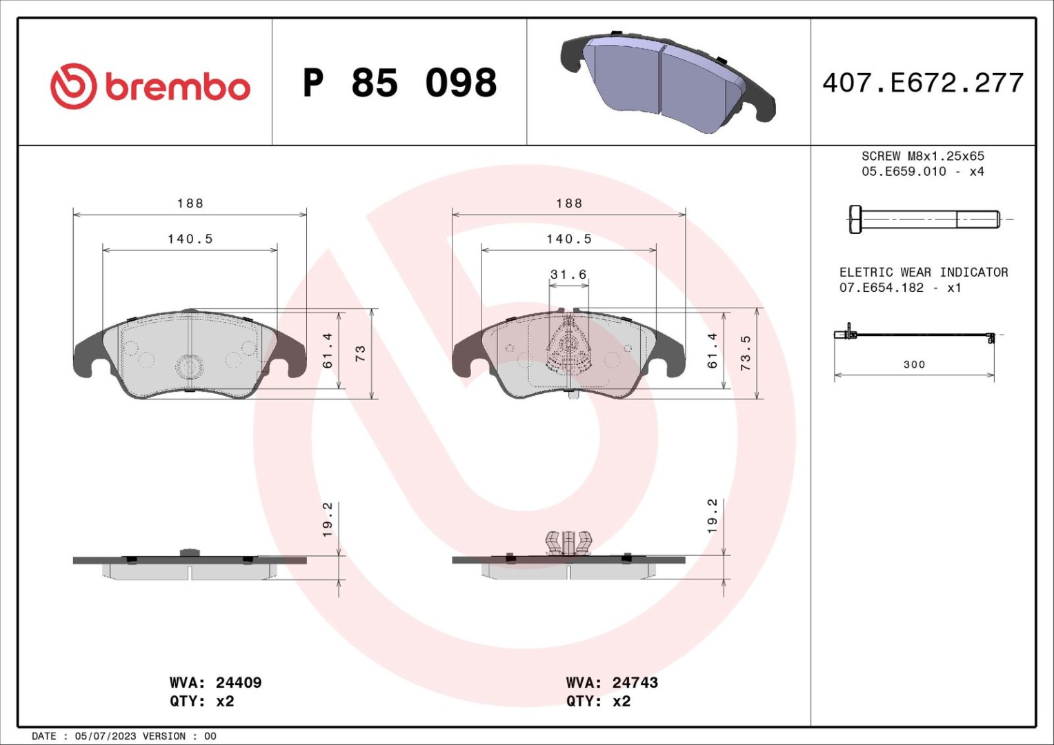 BREMBO Комплект Тормозных Колодок, Дисковый Тормоз P85098