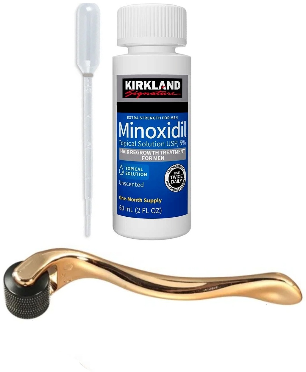 Kirkland Minoxidil 5% мезороллер золотистый, мини пипетка лосьон 60 мл
