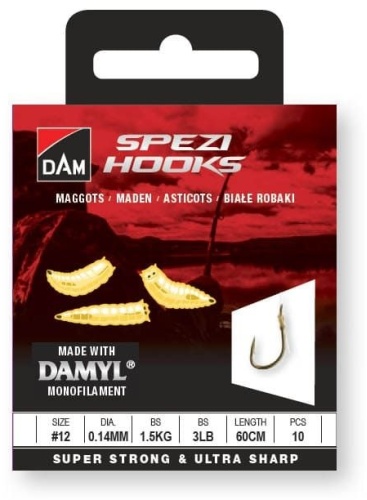 Крючки с поводками для опарыша DAM SPEZI MAGGOTS# №20 / 0.10MM / 0.9KG / 2LBS / 60CM / 10PCS