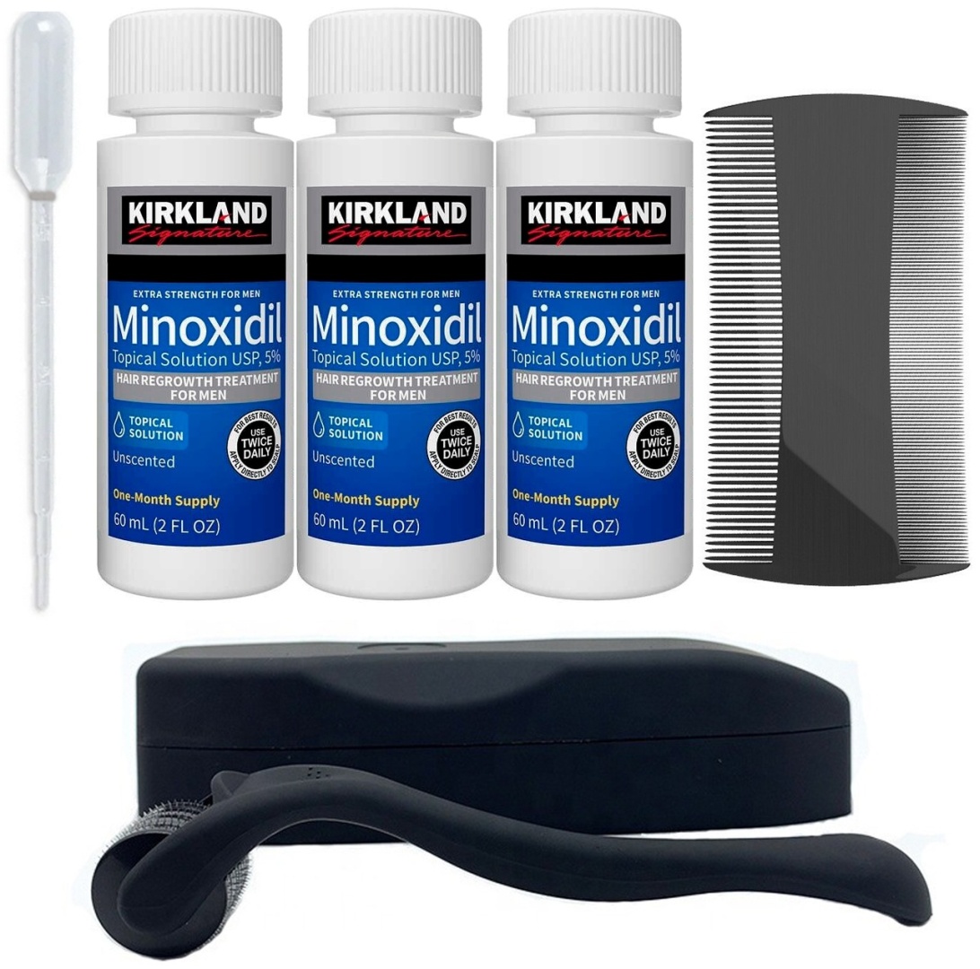 Kirkland Minoxodil 5% мезороллер матовый, мини пипетка, расческа лосьон 3 шт по 60 мл