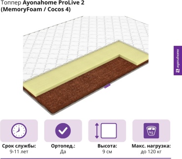 Топпер Ayonahome ProLive 2 (MemoryFoam / Cocos 4), 145x185x9 см