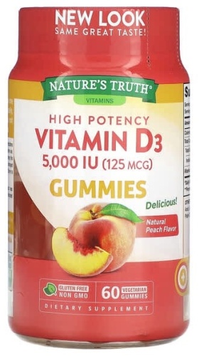 Natures Truth Витамин D3, высокая эффективность, натуральный персик, 5000 МЕ (125 мкг) таблетки 60 шт