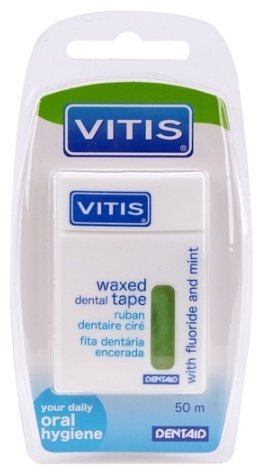Vitis Вощенная зубная нить с фтором и мятой плоская 50 м